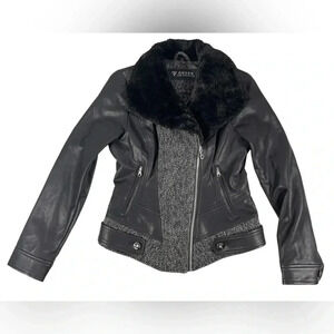 Guess Faux Leather Faux Fur Tweed Lined  Jacket Size Medium